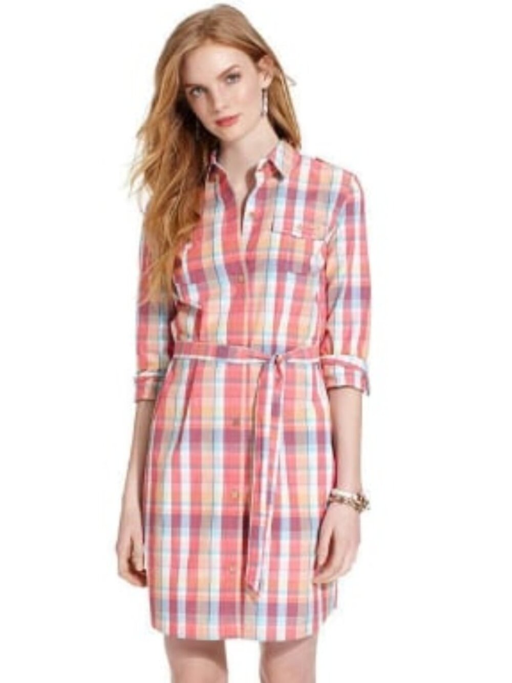 Tommy Hilfiger Vintage 100% Cotton Plaid Shirt Dress with Enamel Buttons